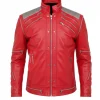 Shop men's leather jacket red inspired by King of Pop Michael Jackson Beat It style. Get into the spotlight with this fashion piece and be inspired by MJ aura.