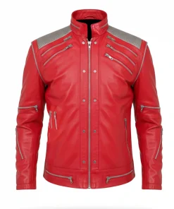 Shop men's leather jacket red inspired by King of Pop Michael Jackson Beat It style. Get into the spotlight with this fashion piece and be inspired by MJ aura.