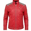 Shop men's leather jacket red inspired by King of Pop Michael Jackson Beat It style. Get into the spotlight with this fashion piece and be inspired by MJ aura.