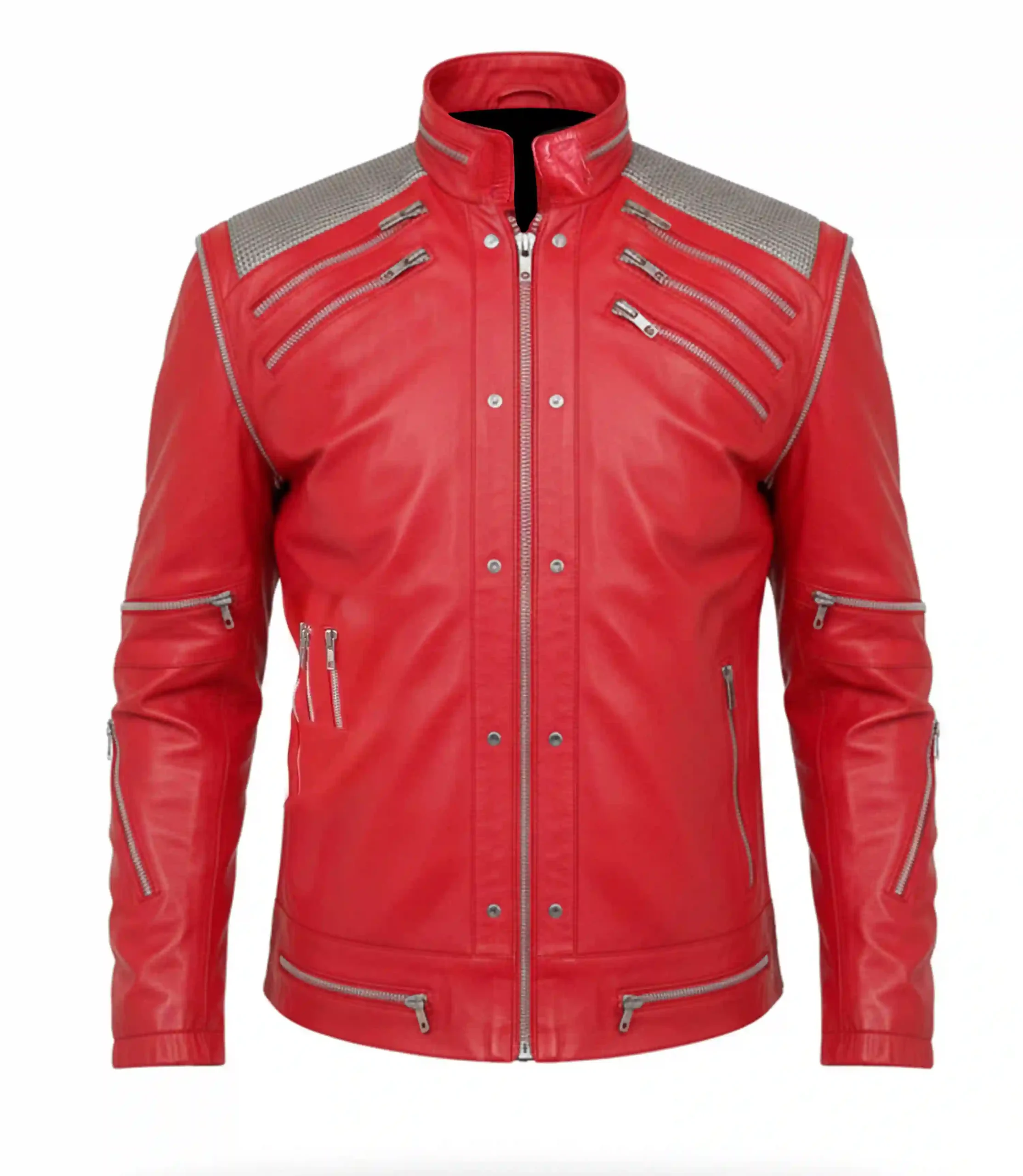 Shop men's leather jacket red inspired by King of Pop Michael Jackson Beat It style. Get into the spotlight with this fashion piece and be inspired by MJ aura.