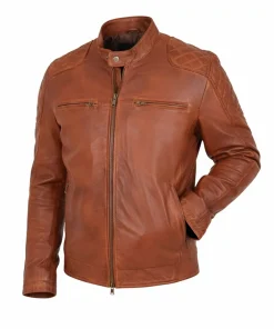 Mens Tan Waxed Cafe Racer Leather Jacket