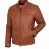 Mens Tan Waxed Cafe Racer Leather Jacket