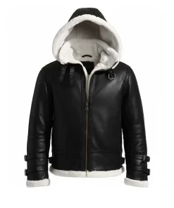 Mens Aviator Black Leather Jacket With Hood