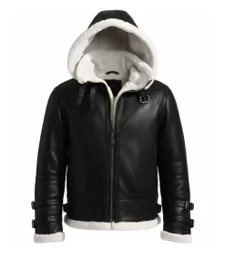 Mens Aviator Black Leather Jacket With Hood