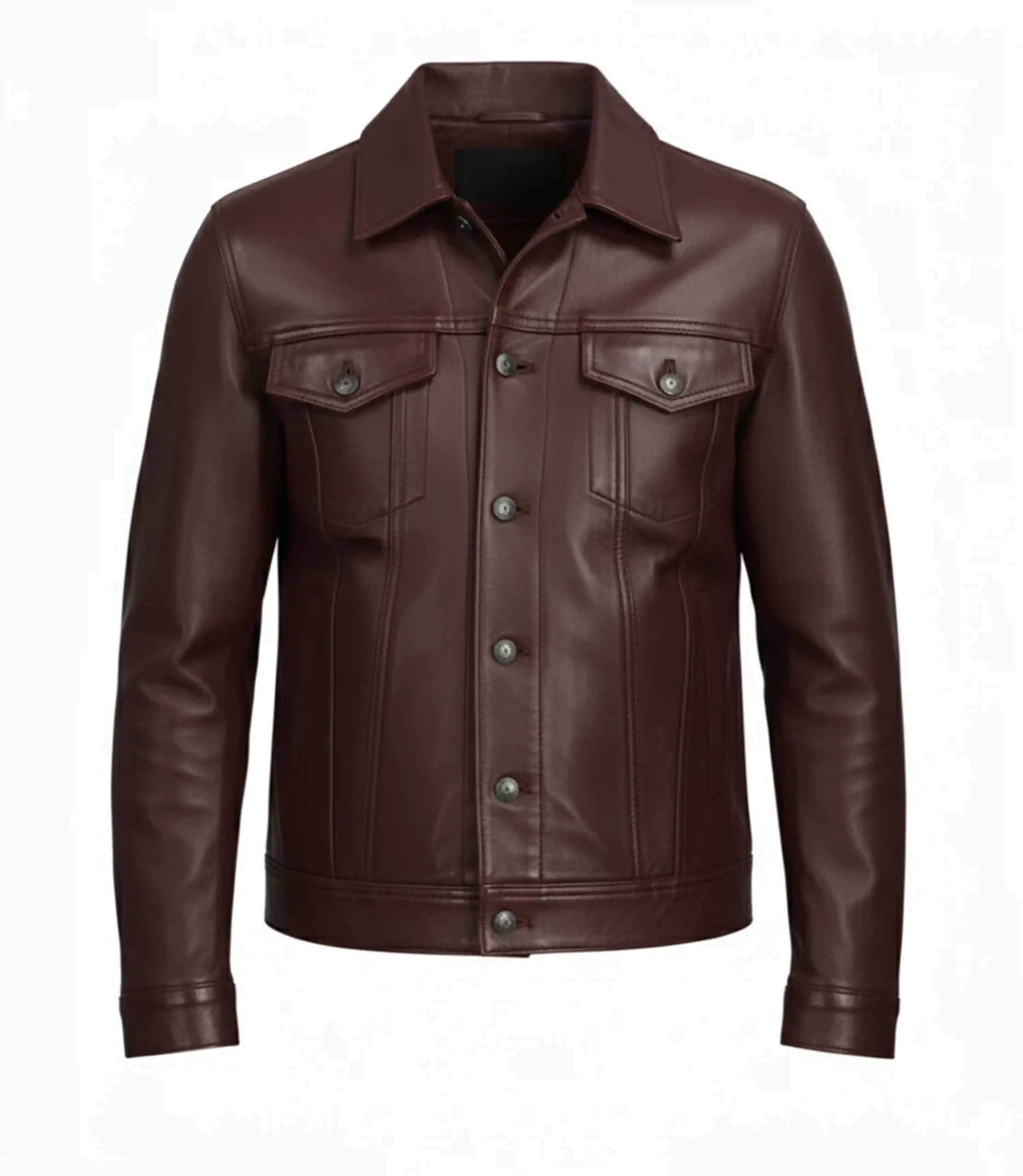 Mens Burgundy Trucker Leather Jacket
