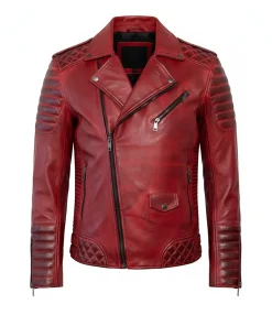 Mens Waxed Red Biker Leather Jacket