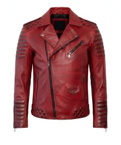 Mens Waxed Red Biker Leather Jacket