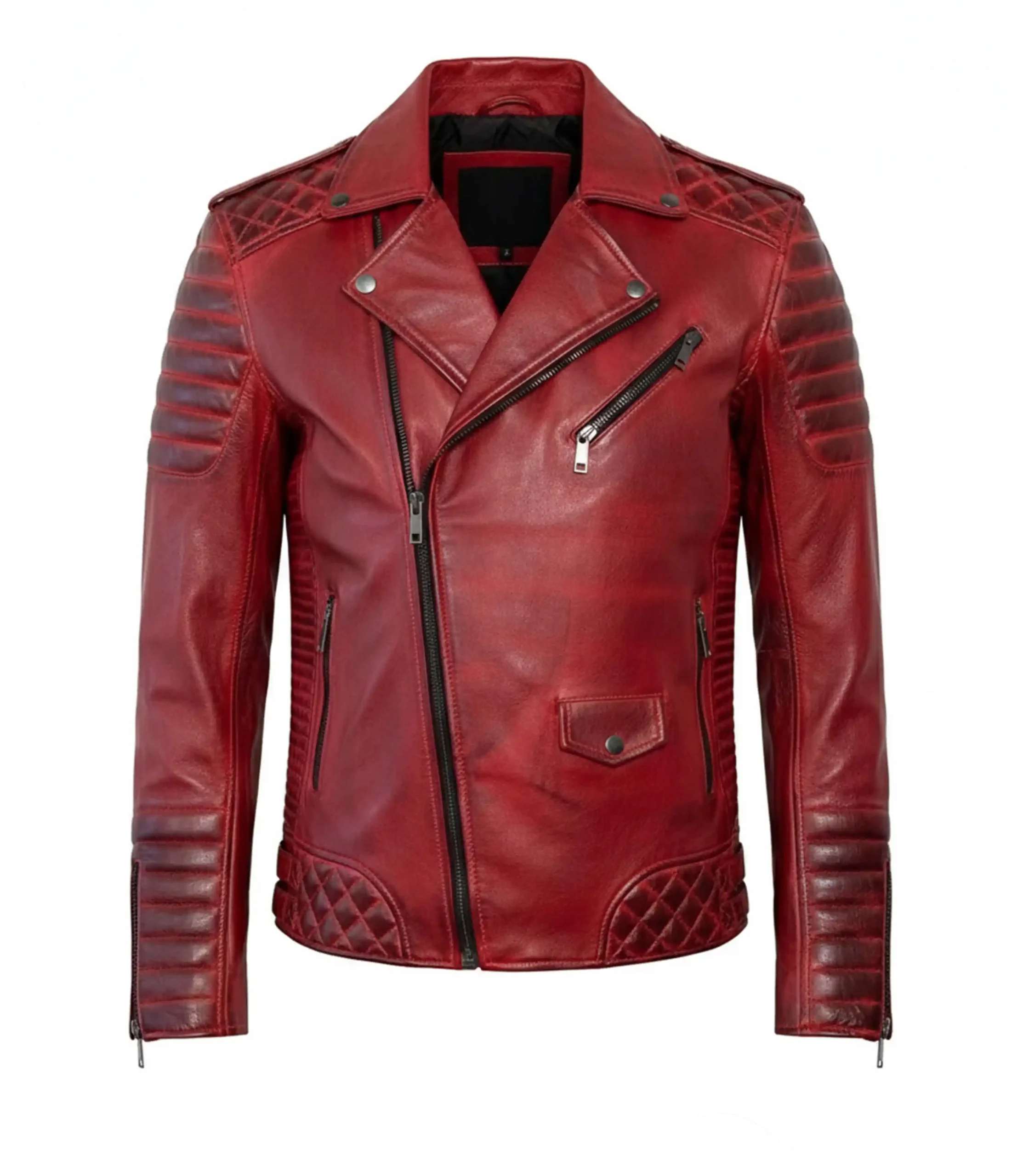 Mens Waxed Red Biker Leather Jacket