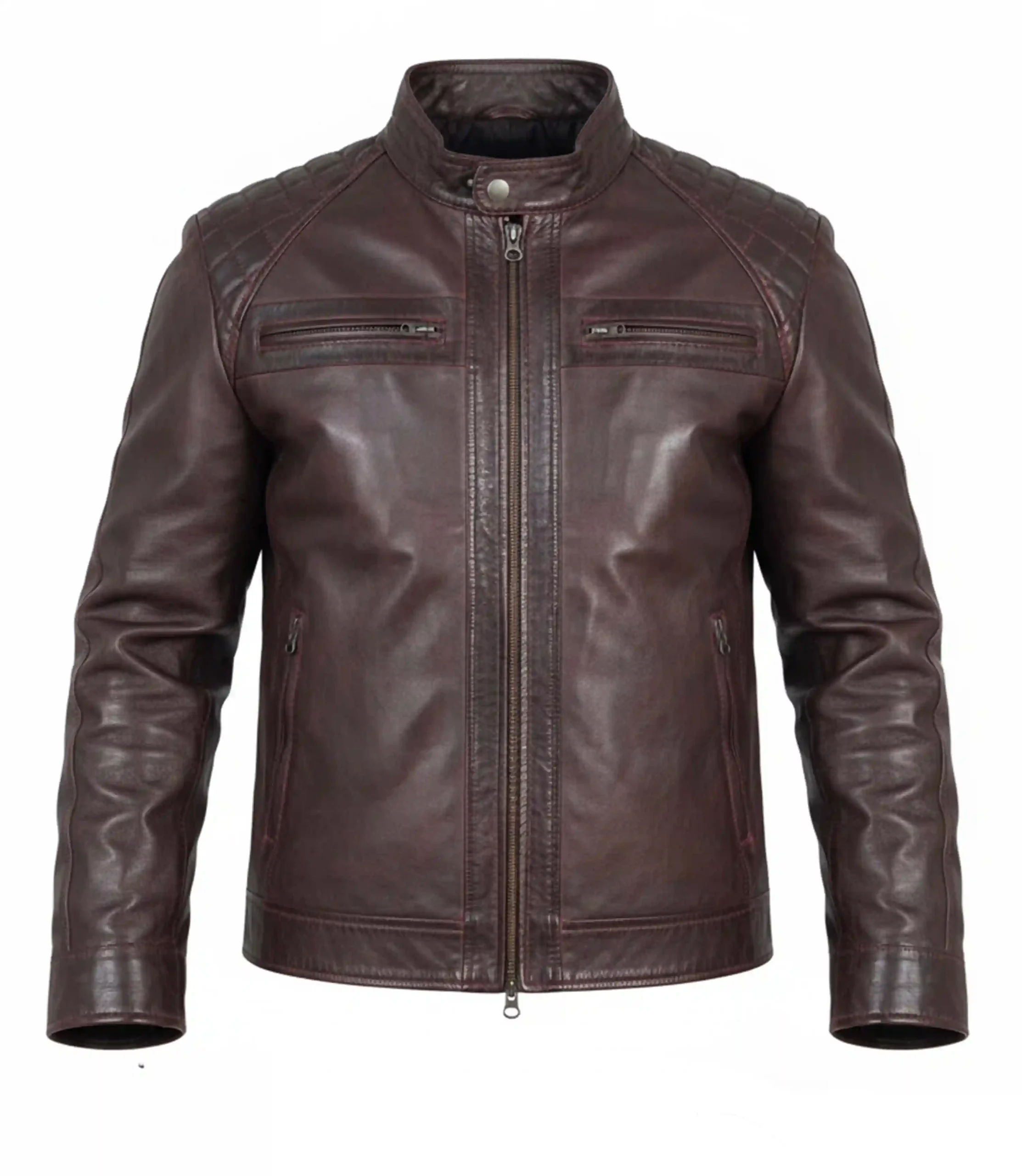 Mens Burgundy Cafe Racer Leather Jacket