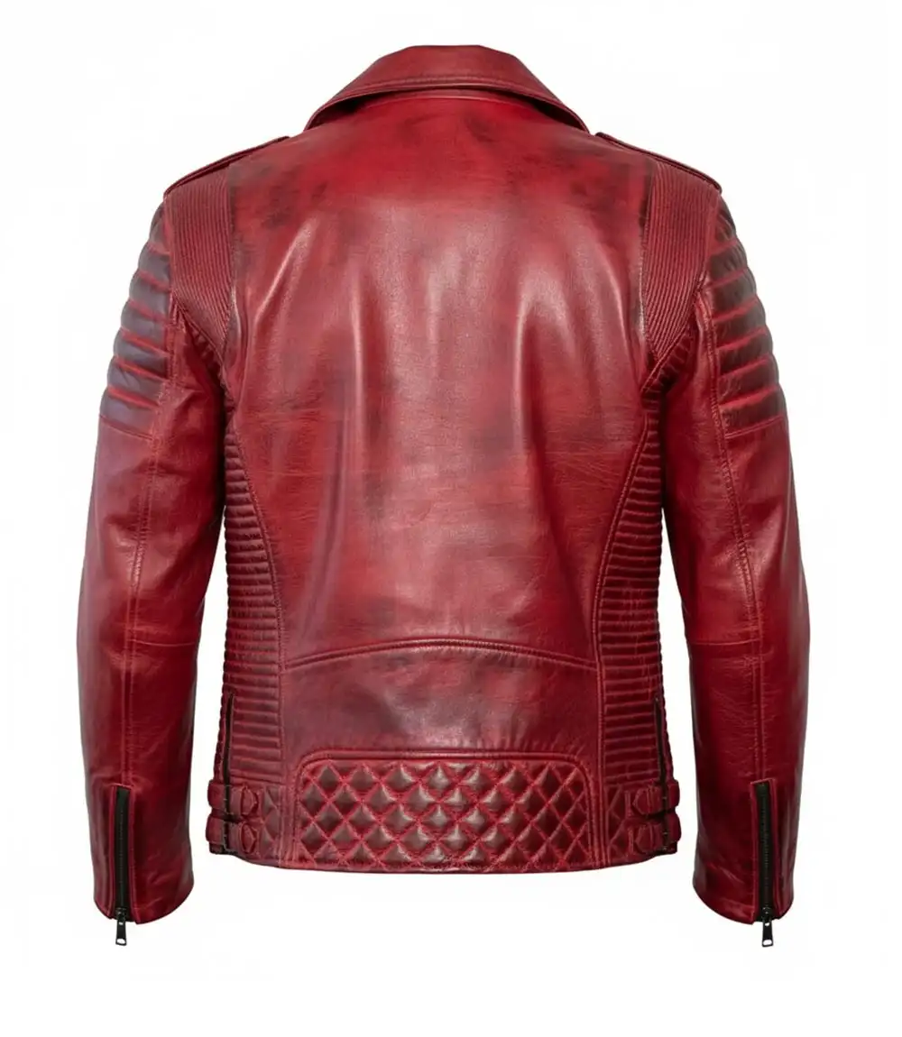 Mens Waxed Red Biker Leather Jacket - Image 2