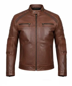 Mens Brown Perforated Biker Leather Jacket