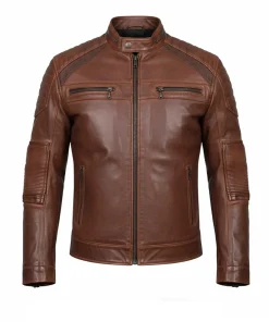 Mens Brown Perforated Biker Leather Jacket