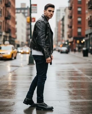 Person wearing screen to street celebrity jackets black leather style with casual jeans