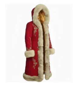 Womens Luxury Red Christmas Coat with Golden Scrollwork