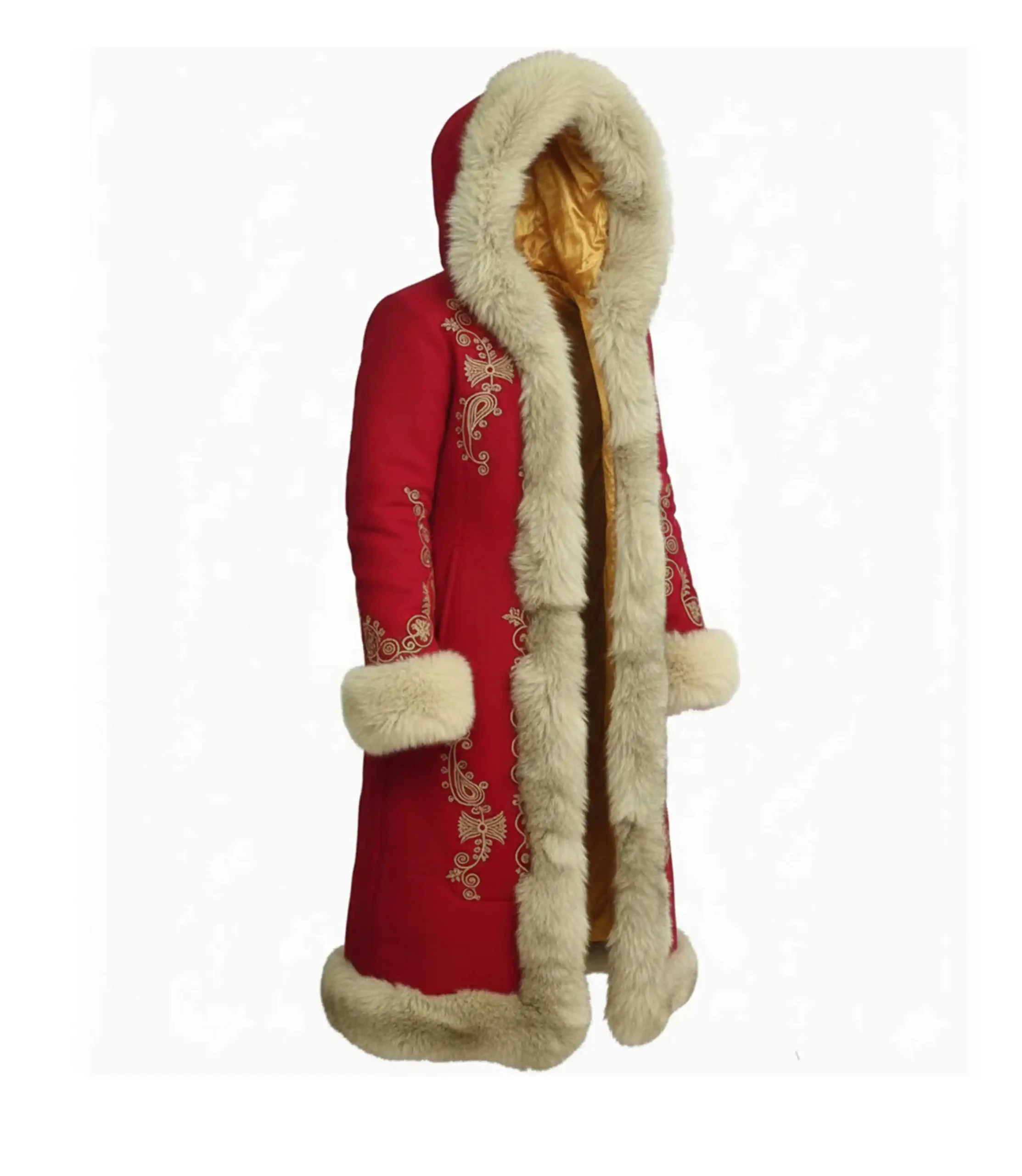 Womens Luxury Red Christmas Coat with Golden Scrollwork