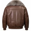 Mens Premium Fur Trimmed Brown Leather Jacket