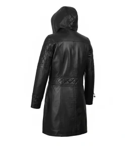 Alternative view of Women Long Black Winter Leather Coat With Hood