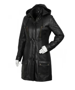 Women Long Black Winter Leather Coat With Hood