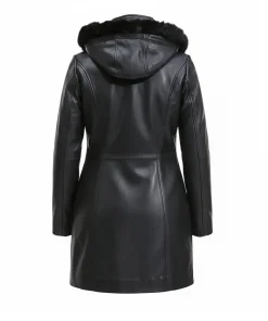 Alternative view of Womens Fur Trim Black Leather Coat With Hood