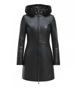Womens Fur Trim Black Leather Coat With Hood