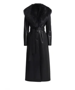 Womens Noir Black Leather Oversized Fur Collar Coat