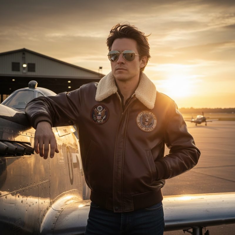 Classic aviator bomber leather jacket in military inspired Top Gun movie fashion
