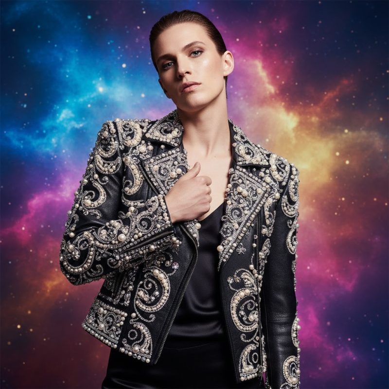 Custom leather jacket with crystals and pearls in gender neutral celebrity fashion style