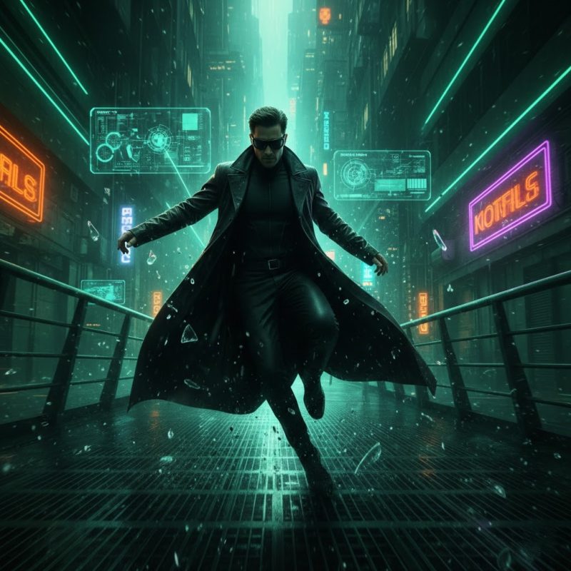 Long black leather coat inspired by Matrix movies in sleek futuristic style