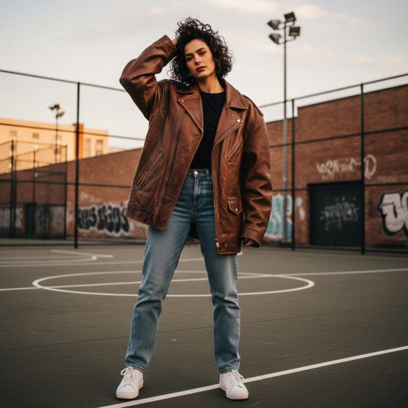 Oversized vintage leather jacket styled with jeans and sneakers for casual celebrity look
