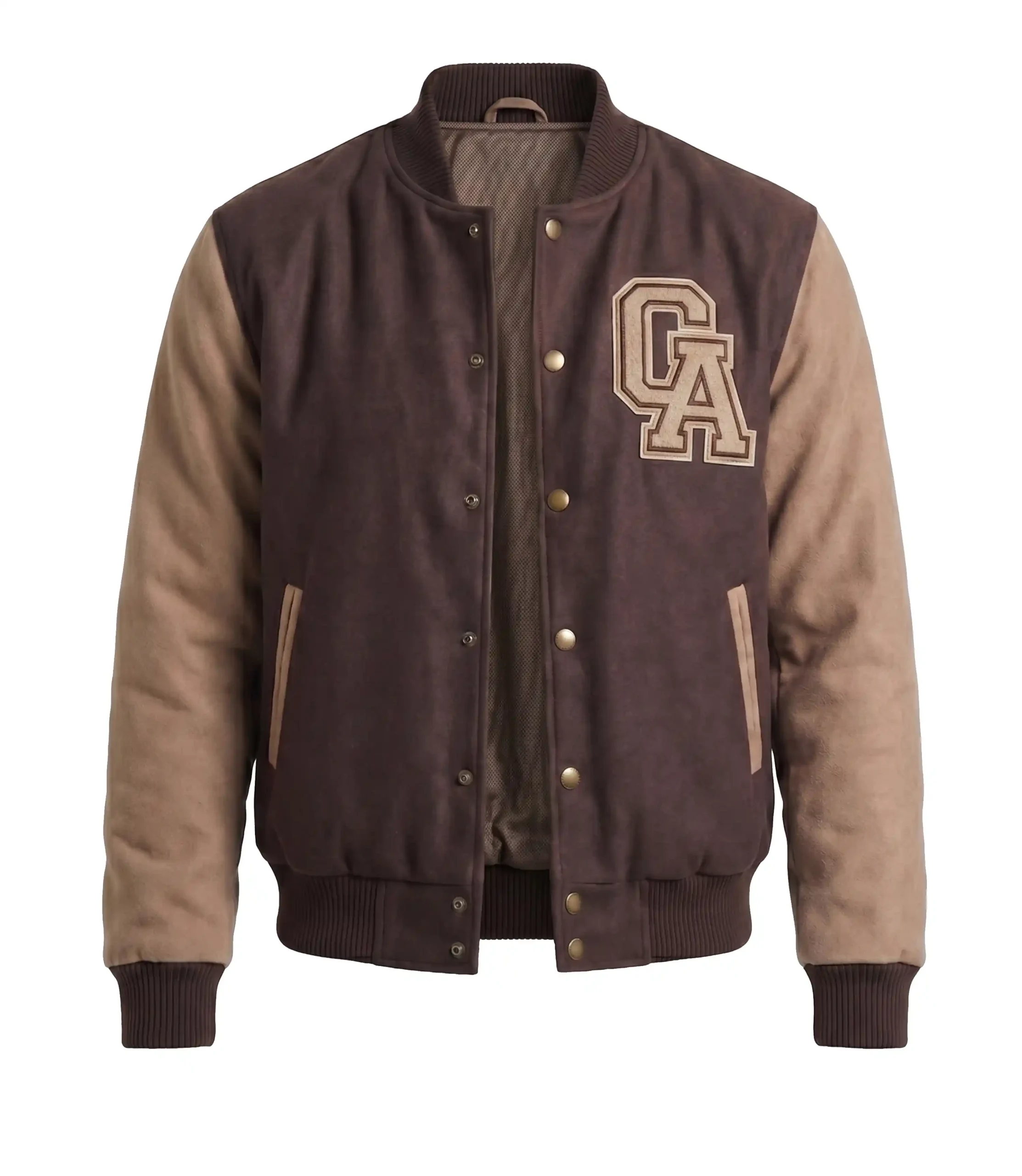 Mens Brown Letterman CA Patch Jacket