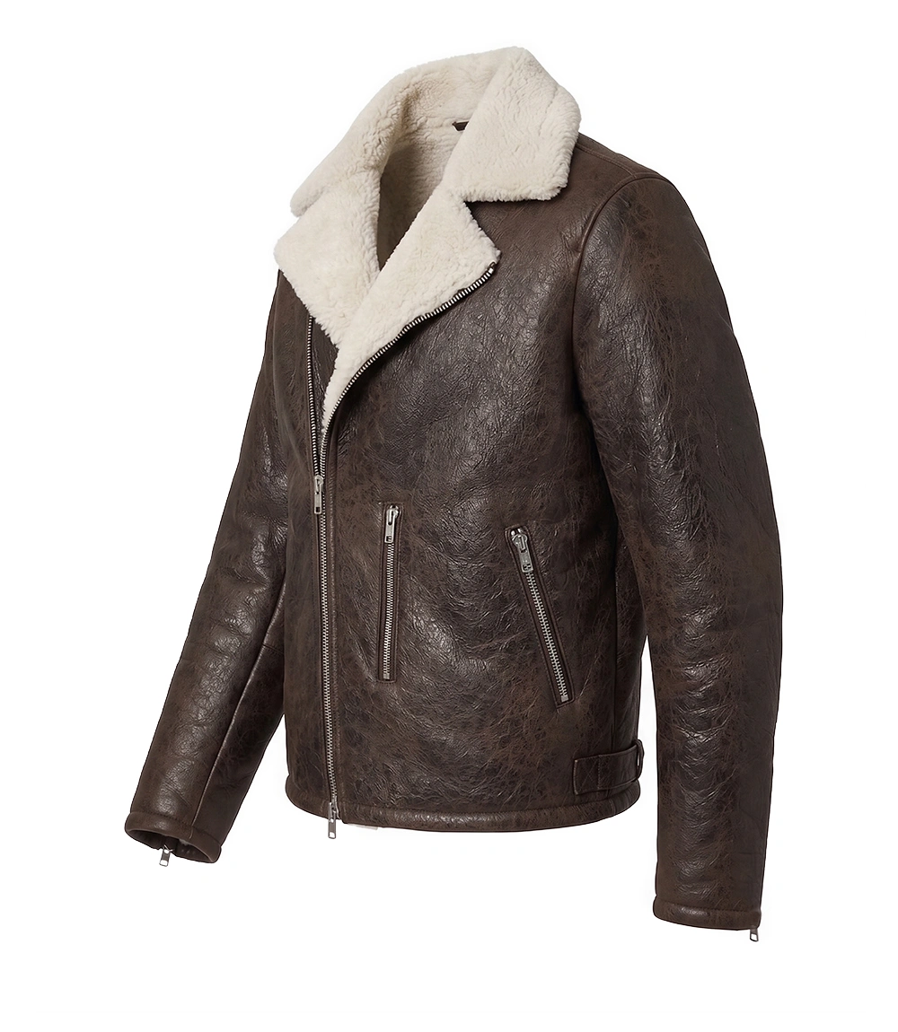 Mens Brown Sheepskin Shearling Bomber Jacket - Image 2