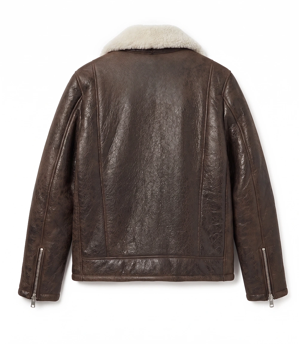 Mens Brown Sheepskin Shearling Bomber Jacket - Image 3