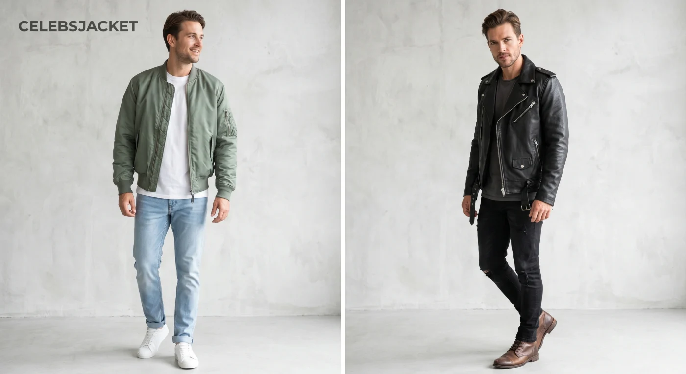 Compare bomber jackets and biker jackets for men. Explore the differences in style, comfort and versatility and see which one suits you better.