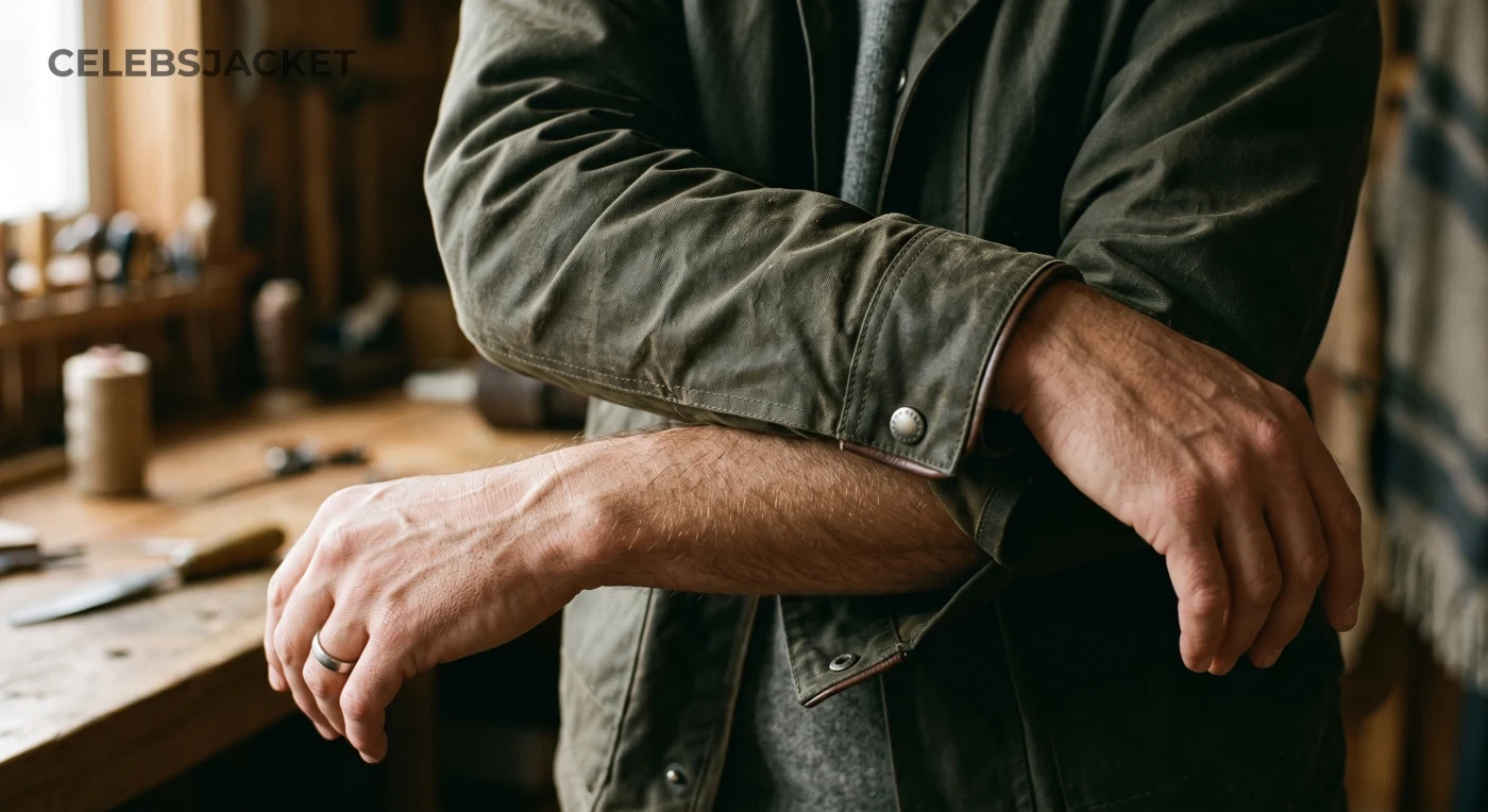 Lambskin leather jacket sleeve draping softly over a forearm"