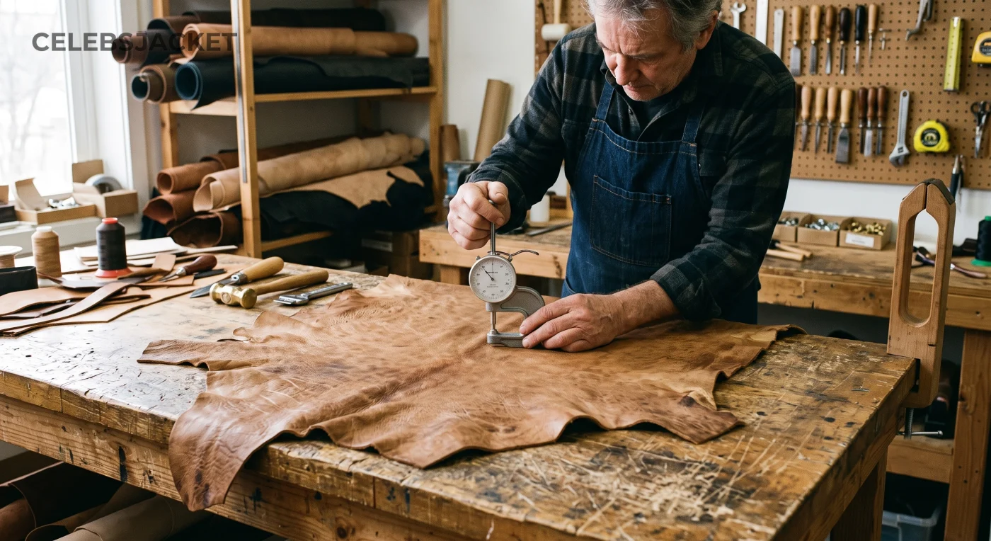 Leather thickness gauge reading 1.0 mm on a lambskin hide at CelebsJacket