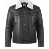 Mens Asphalt Black Leather Sherpa Trucker Jacket