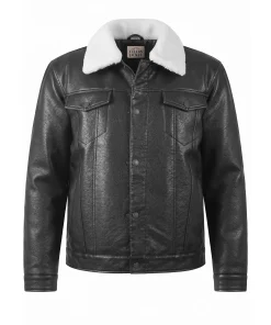 Mens Asphalt Black Leather Sherpa Trucker Jacket