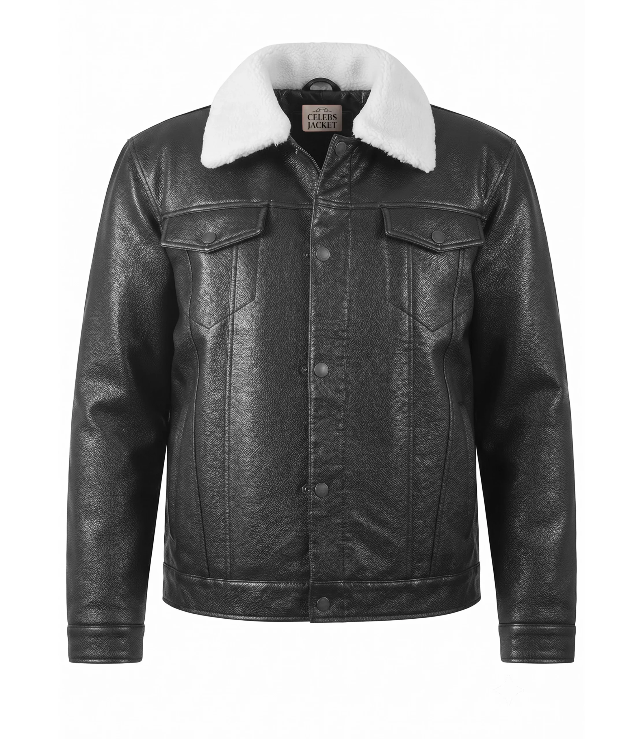 Mens Asphalt Black Leather Sherpa Trucker Jacket