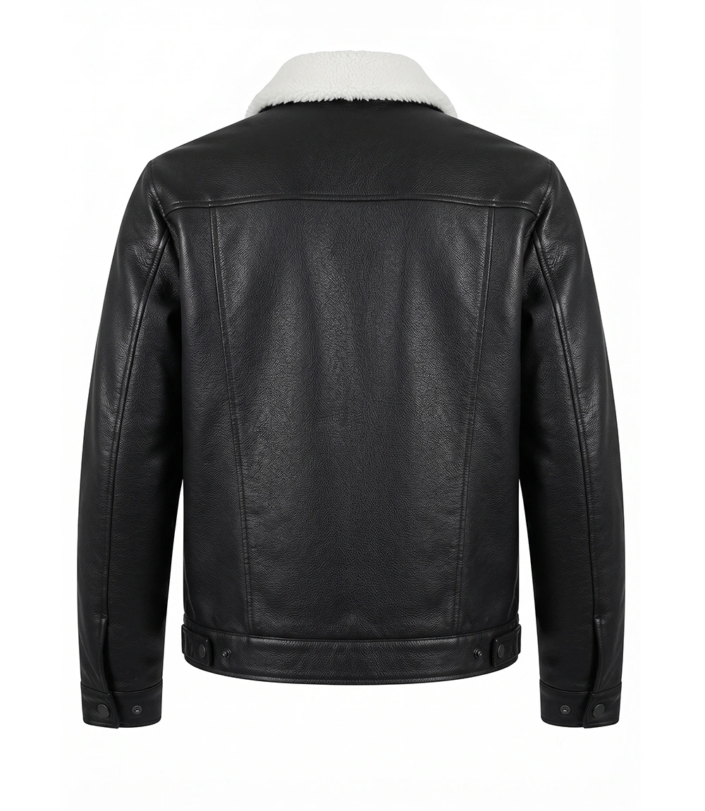 Mens Asphalt Black Leather Sherpa Trucker Jacket - Image 2