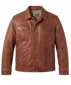 Mens Genuine Cognac Brown Leather Trucker Jacket