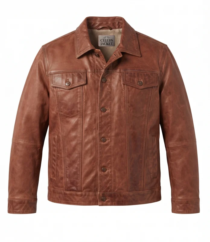 Mens Genuine Cognac Brown Leather Trucker Jacket