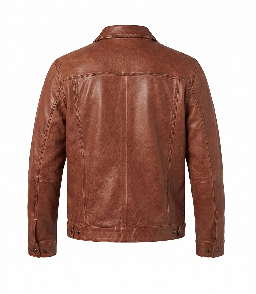 Mens Genuine Cognac Brown Leather Trucker Jacket - Image 2