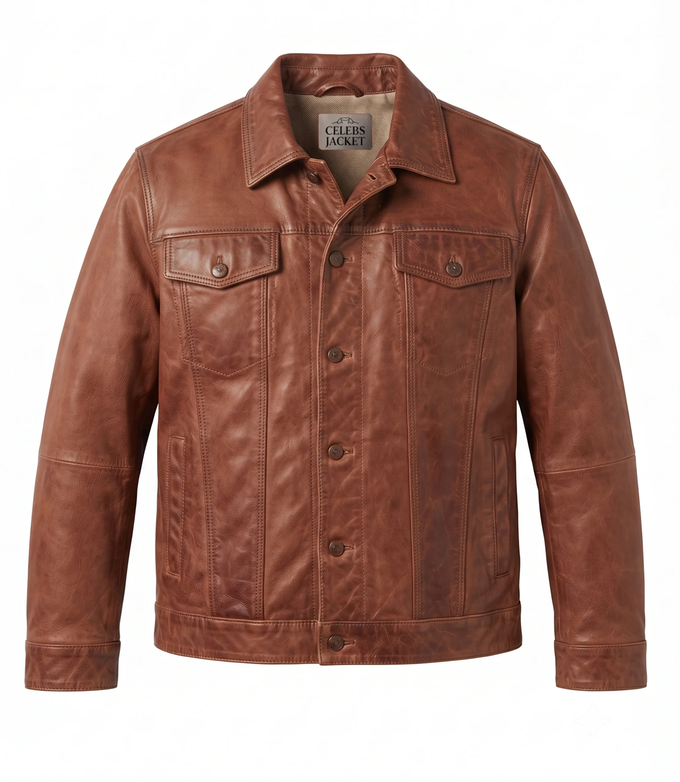 Mens Genuine Cognac Brown Leather Trucker Jacket