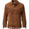 Mens Vintage Brown Leather Suede Fringed Jacket