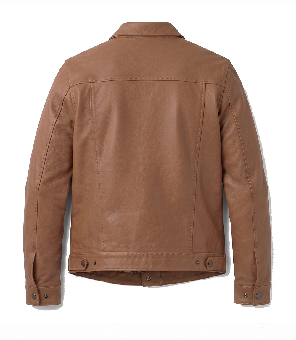 Men's Trucker Camel Brown Lambskin Leather Jacket - Image 2