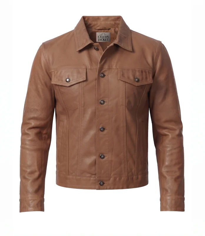 Men's Trucker Camel Brown Lambskin Leather Jacket