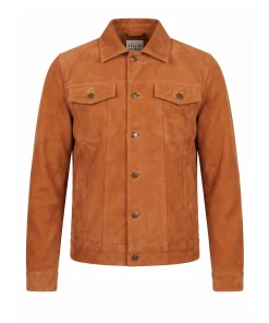 Mens Desert Tan Leather Suede Trucker Jacket