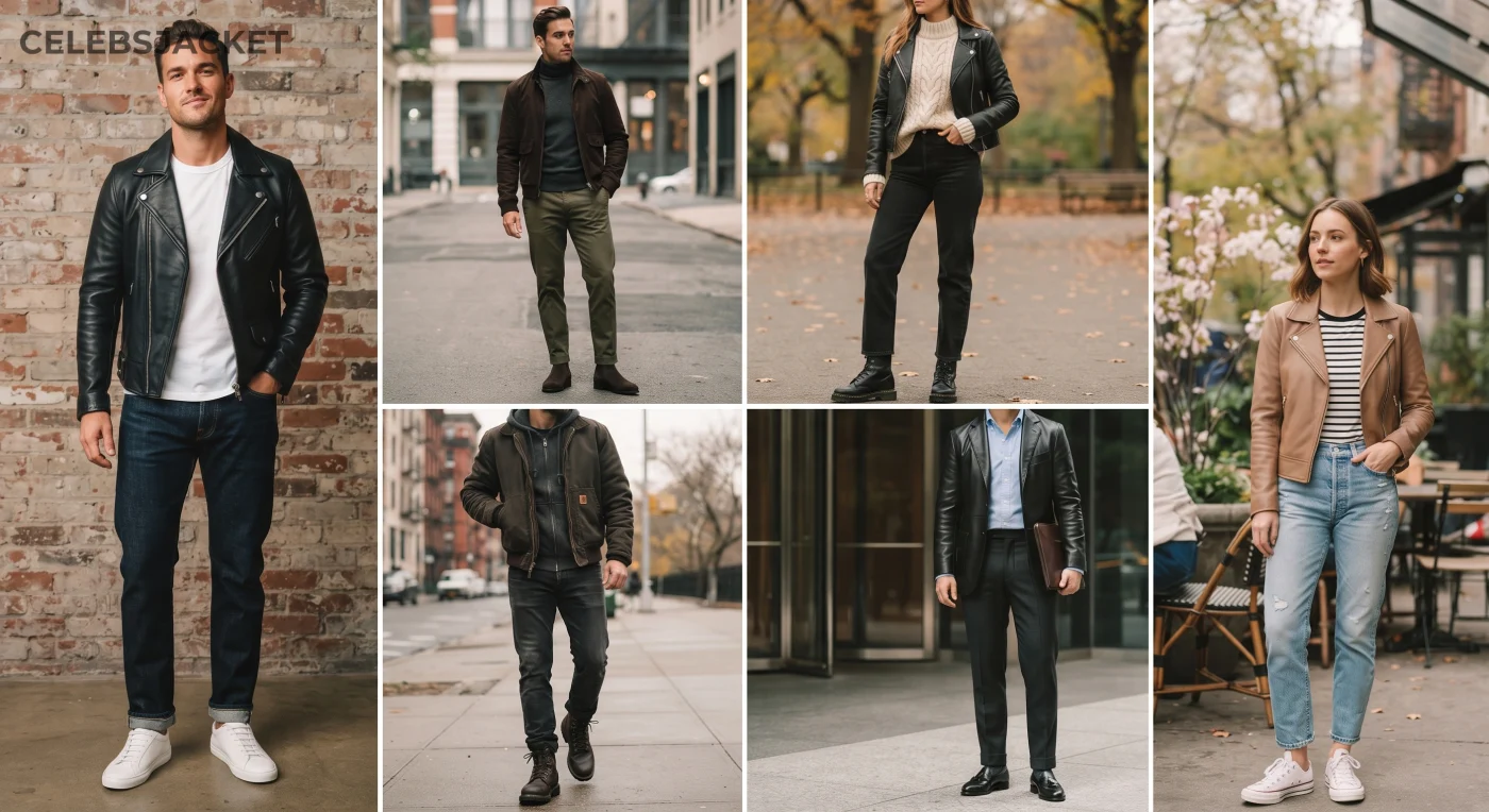 Learn how to style a leather jacket with timeless outfit combinations for every season. Discover casual, smart-casual, and layered looks with jeans, chinos, boots, and sneakers that never go out of style.