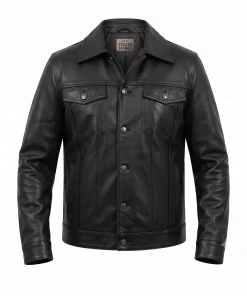 Mens Vanguard Black Leather Trucker Jacket