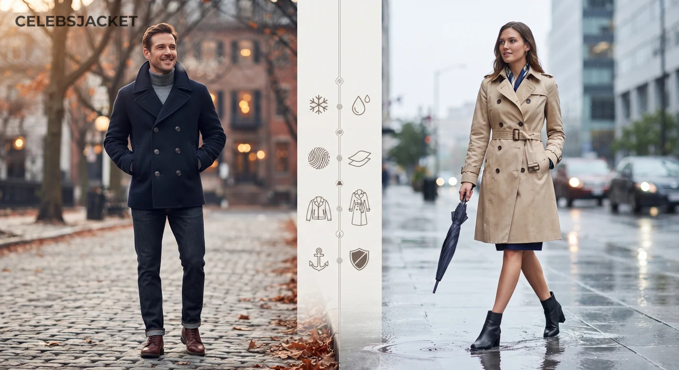 Compare peacoats and trench coats by warmth, style, length, and weather suitability. Discover the key differences and choose the perfect coat for every season.
